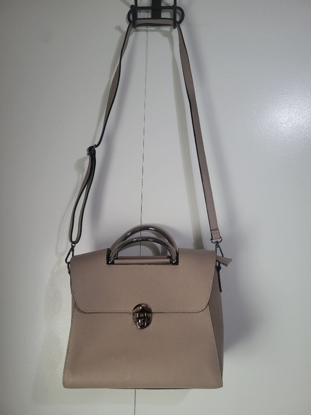 Piumelli Milano Italy Double Top Handle Leather Bag Neutral Silver Tone Hardware - Picture 7 of 12